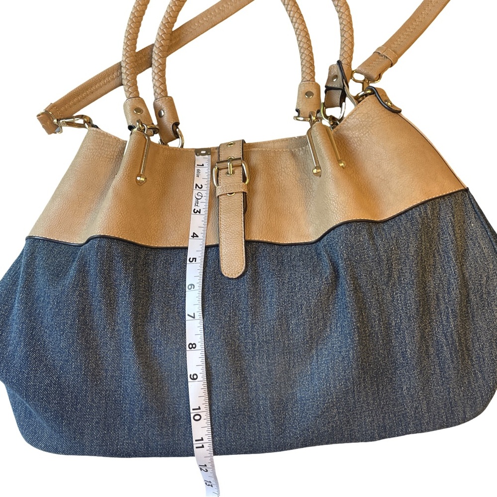 Black Rivet Denim & Tan Boho Shoulder Bag | Braided Handle Mixed Media Tote - Picture 5 of 8